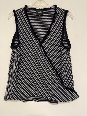 W5 Black & White Striped Wrap-Style Sleeveless Tank with Fringe, Medium